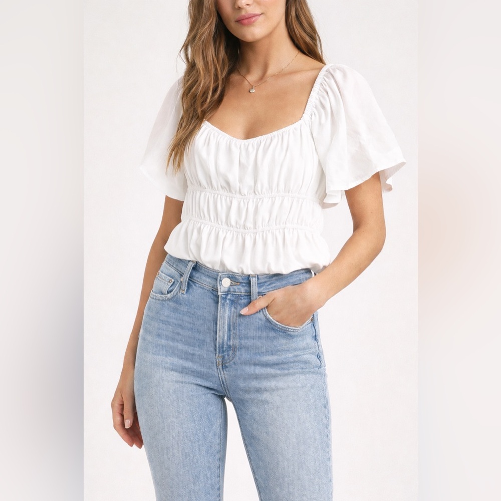 Lulus White Romantic Ruched Puff Sleeve Bodysuit NWT‎ Large